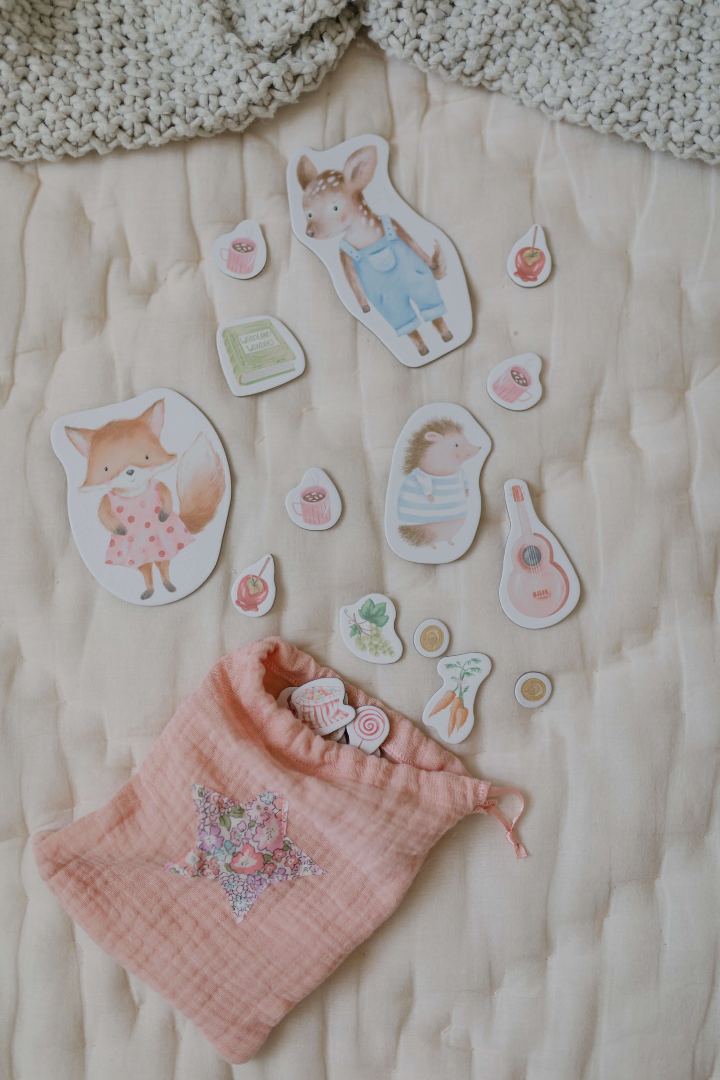 The illustrated woodland animals and items for sale in Betsy Bunny's woodland shop.