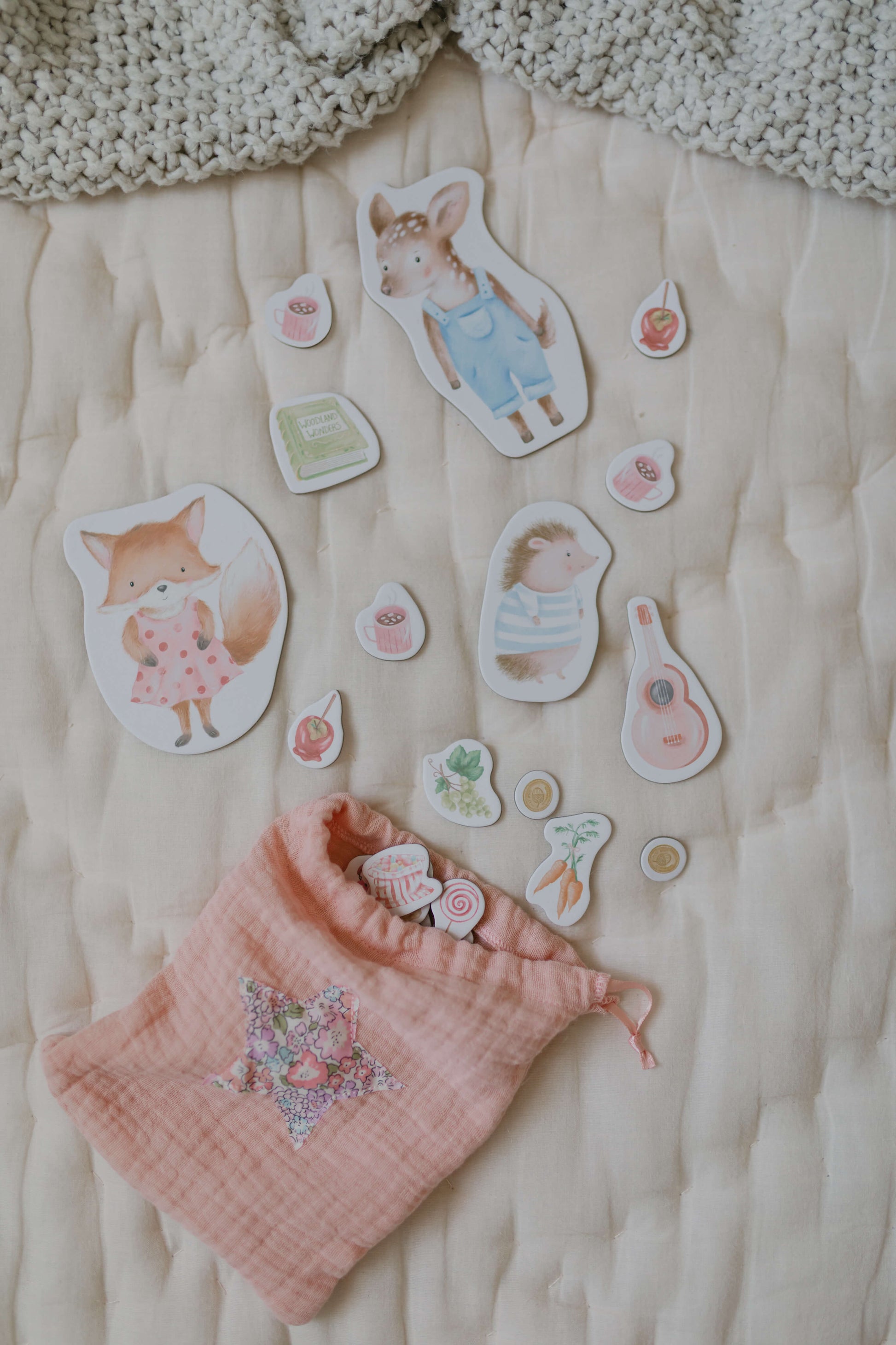 The illustrated woodland animals and items for sale in Betsy Bunny's woodland shop.