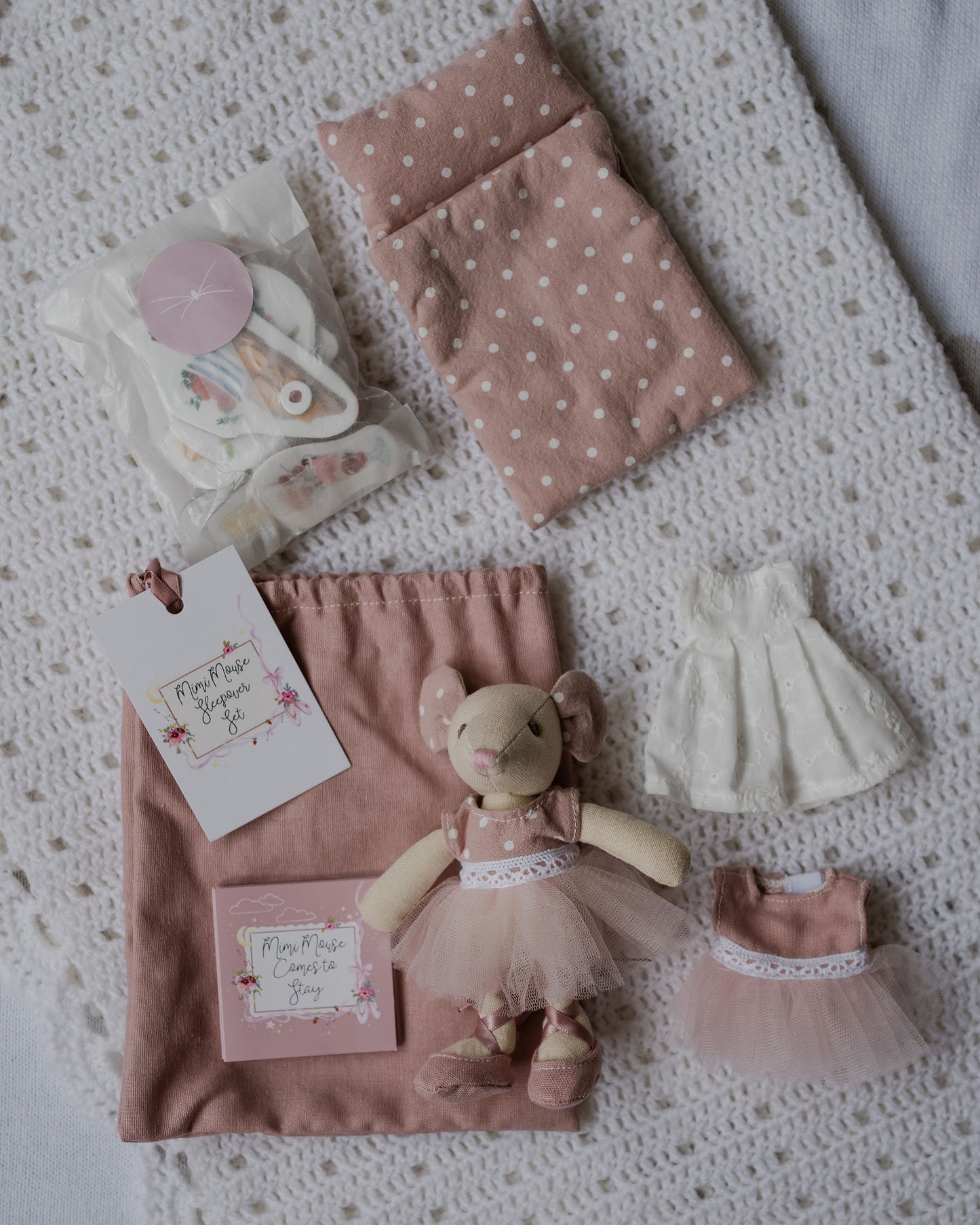 Mimi Mouse Sleepover set which goes with Mabel's Mouse House. Set includes Mimi Mouse, ballet outfits, storybook and accessories. Great for imaginary play.