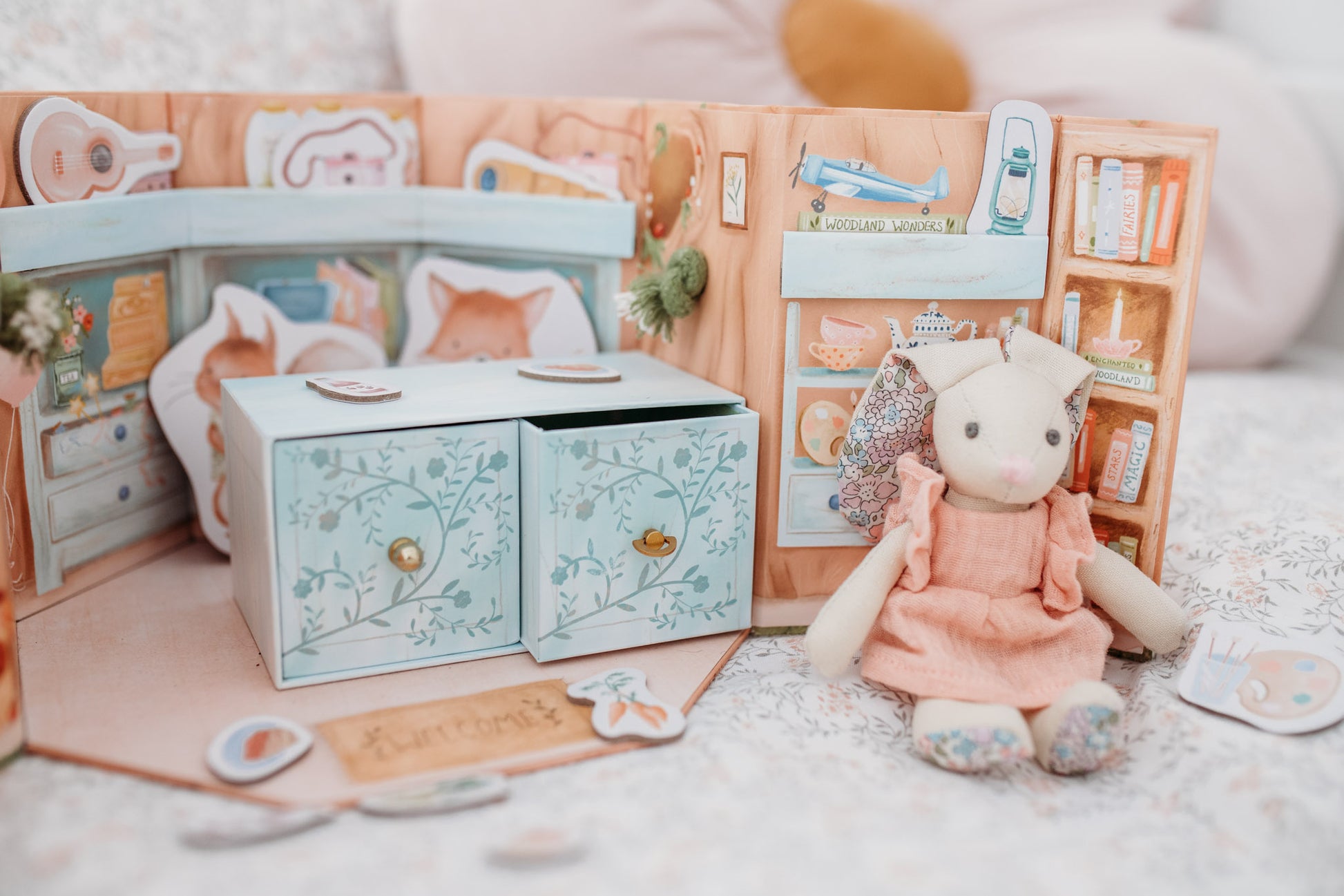 Betsy Bunny with her woodland friends inside her beautiful play shop.